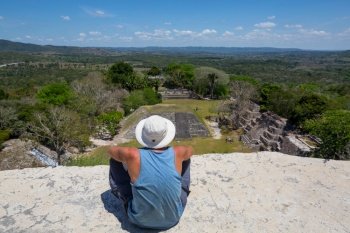 Tourist on Xunantunich Maya ruins in Belize