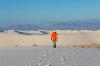 Hiker in White Sands Dunes in New Mexico, USA