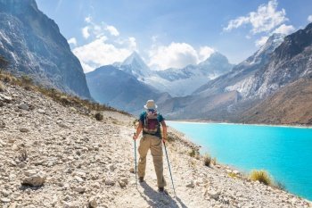 Hiker in Cordillera mountains, Peru, South America