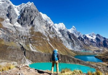Hiker in Cordillera mountains, Peru, South America