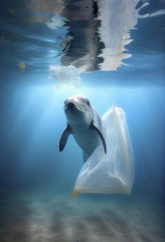 Underwater view of a dolphin and the plastic garbage in the ocean,Generative AI illustration