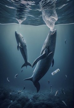 Underwater view of a whales and the plastic garbage in the ocean,Generative AI illustration