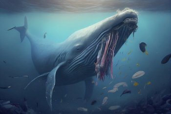Underwater view of a whale and the plastic garbage in the ocean,Generative AI illustration