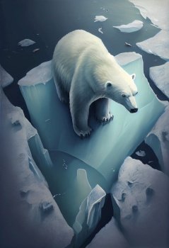 View from above of polar bear in north pole. Climate change, global warming concept. Generative AI.