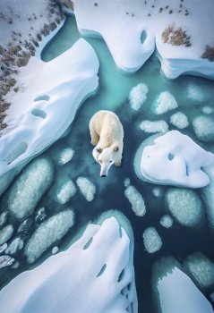 View from above of polar bear in north pole. Climate change, global warming concept. Generative AI.
