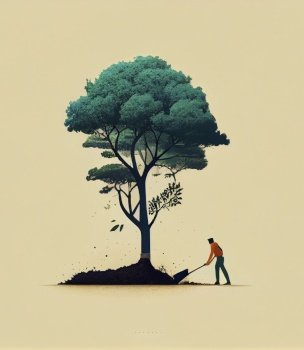 man planting a tree Poster illustration. Generative AI.