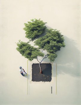 Man planting a tree Poster illustration. Surreal collage. Generative AI.