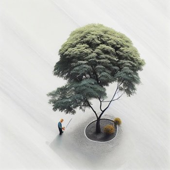 Man planting a tree Poster illustration. Surreal collage. Generative AI.