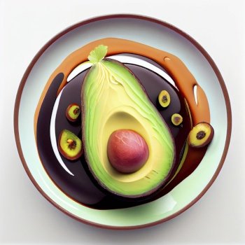 Surreal image of avocado at plate, Poster illustration. Generative AI.