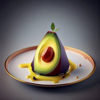Surreal image of avocado at plate, Poster illustration. Generative AI.