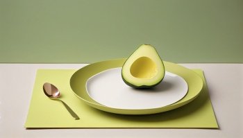 Minimalistic image of avocado at plate, Poster illustration. Generative AI.