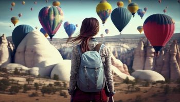 Young woman and hot air ballons, Cappadoccia, Turkey, Generative AI.