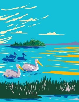 WPA poster art of pelicans in Astotin Lake within Elk Island National Park in Alberta, Canada done in works project administration.. Pelicans in Astotin Lake Within Elk Island National Park in Alberta Canada WPA Poster Art
