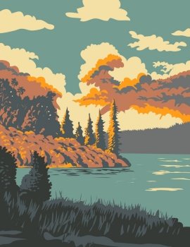WPA poster art of Deep Lake in Riding Mountain National Park located in Manitoba, Canada done in works project administration or federal art project style.. Deep Lake in Riding Mountain National Park Manitoba Canada WPA Poster Art
