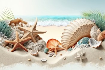 Beautiful shells, corals and starfish on pure white sand. Illustration Generative AI. Beautiful shells, corals and starfish on pure white sand. Illustration AI Generative