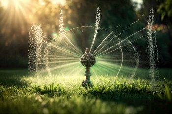 Sprinkler in Park Spraying Water on Lush Green Grass. Illustration Generative AI. Sprinkler in Park Spraying Water on Lush Green Grass. Illustration AI Generative