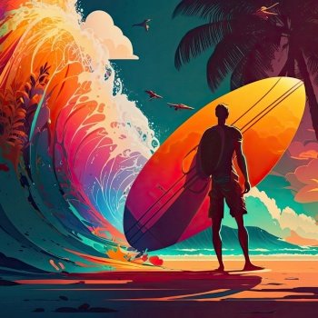 Surfer on the beach. Illustration Generative AI. Surfer on the beach. Illustration AI Generative