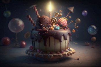 Colorful festive delicious Birthday cake. Illustration Generative AI. Colorful festive delicious Birthday cake. Illustration AI Generative