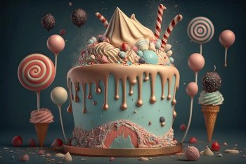 Colorful festive delicious Birthday cake. Illustration Generative AI. Colorful festive delicious Birthday cake. Illustration AI Generative