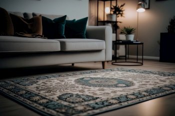 Living room interior with stylish furniture focus on sofa. Illustration Generative AI 