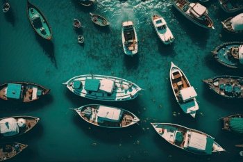 Boats out of thin air. Aerial view of the sea. Illustration Generative AI 
