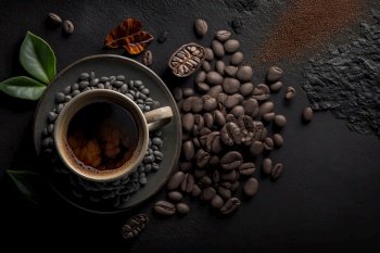 A horizontal banner with a cup of coffee and coffee bean. Illustration Generative AI 