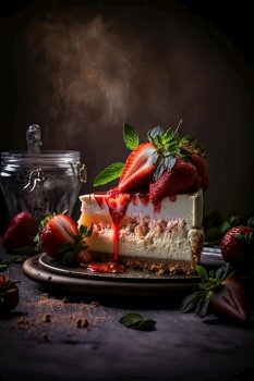Cheesecake with macerated strawberries. Illustration Generative AI 