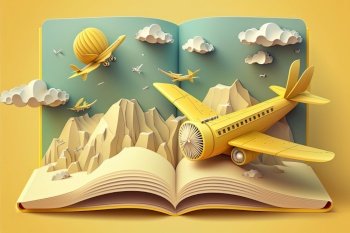 Background school notebook. 3d flying aircraft made. Illustration Generative AI 