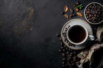 A horizontal banner with a cup of coffee and coffee bean. Illustration Generative AI 