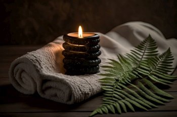 A fern towel with candles and black hot stone on a wooden. Illustration Generative AI 