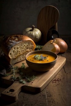 Butternut squash soup and baguette on wooden board. Illustration Generative AI 