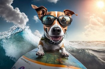 dog jack russell surfing on surfboard the wave. Illustration Generative AI 