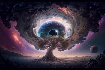 Cosmic nebula growing gigantic tree growing on asteroid. Illustration Generative AI 