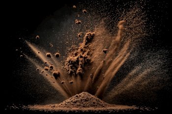 Explosion of ground coffee with roasted beans on black. Illustration Generative AI 