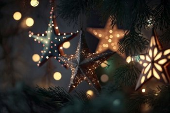 Christmas Lights - Stars String Hanging At Fir Branches. Illustration Generative AI 