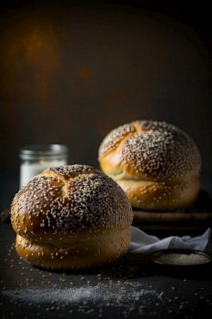 Fresh homemade brioche buns with sesame seed topping. Illustration Generative AI 