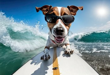 dog jack russell surfing on surfboard the wave. Illustration Generative AI 