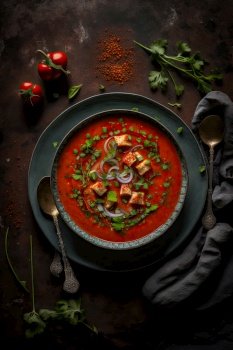 Gazpacho garnish with parsley in a plate with wavy edge. Illustrator Generative AI 