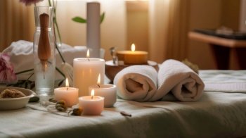 Cute Spa Background with Candles and Towels. Illustration Generative AI
