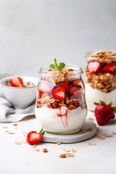 Healthy breakfast. Oatmeal Granola with yogurt Illustration Generative AI
