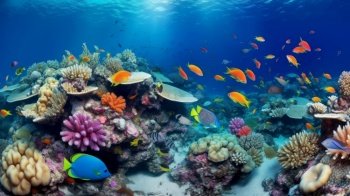 Underwater coral reef landscape super wide banner background in deep blue ocean. Illustration Generative AI

