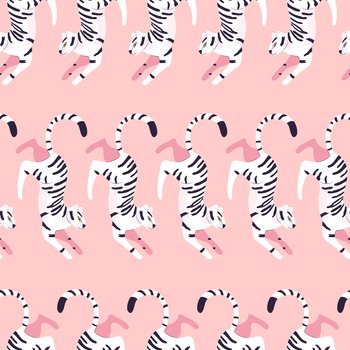Seamless pattern with hand drawn exotic big cat white tiger, on light pink background. Colorful flat vector illustration