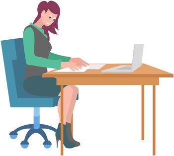 Business woman or clerk working on computer at desk. Lady sitting at workplace in office. Company employee during work with laptop. Girl worker typing on keyboard. Female character doing job. Business woman or clerk working on computer at desk. Lady sitting with laptop at workplace in office