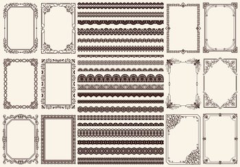 Set of wide lace ribbons and frames with ornament. Black design elements isolated in retro style. Pattern for creating vintage style, decor design. Lace decoration template, frameworks. Set of wide lace ribbons and frames ornament in retro style. Pattern for creating style, vintage decor design