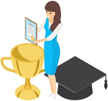 Graduation ceremony. Female student in academic cap, graduating from university, receiving education document. End of education, diploma as reward for successful study. Degree certificate receiving. Graduation ceremony. Female student in academic cap, graduating from university, receiving diploma