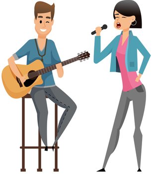 Music band, playing guitar, duet singing concept. Man playing musical instrument and girl vocalist. Young guitarists amateur performance. Musicians couple with acoustic guitar and microphone. Music band, playing guitar, duet singing concept. Man playing musical instrument and girl vocalist