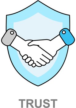 Trust icon vector. Handshake sign with shield. Partnership and agreement symbol. Trust for protection. Handclasp of human hands. Teamwork concept and business meeting, friendship, confidential contact. Trust icon. Handshake sign with shield. Partnership and agreement symbol. Trust for protection