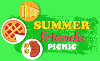 Summer friends picnic handwritten inscription. Text composition, lettering near different food for eating in nature. Creative design of poster for outdoor picnic advertisement vector illustration. Text composition near different food for eating in nature. Design of poster for summer picnic