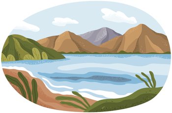 Landscape of nature, plants, flora of natural area. Lake view, outdoor recreation place. Beautiful scenery of water surface. River bank with hills. Lake shore with sand beach vector illustration. Lake view, outdoor recreation place. Beautiful scenery of water surface. River bank with hills
