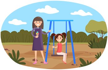 Woman walking with girl on slide swing at playing field. Outdoor family activities, joint pastime, recreation concept. Mom with child swinging on playground. Mother and daughter together on weekend. Mom with child swinging on playground. Mother and daughter walking together at playing field